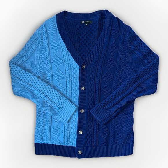 INC Dylan Cardigan Sweater Blue Colorblock Men's Size XL Fisherman Knit Cotton - Picture 2 of 10